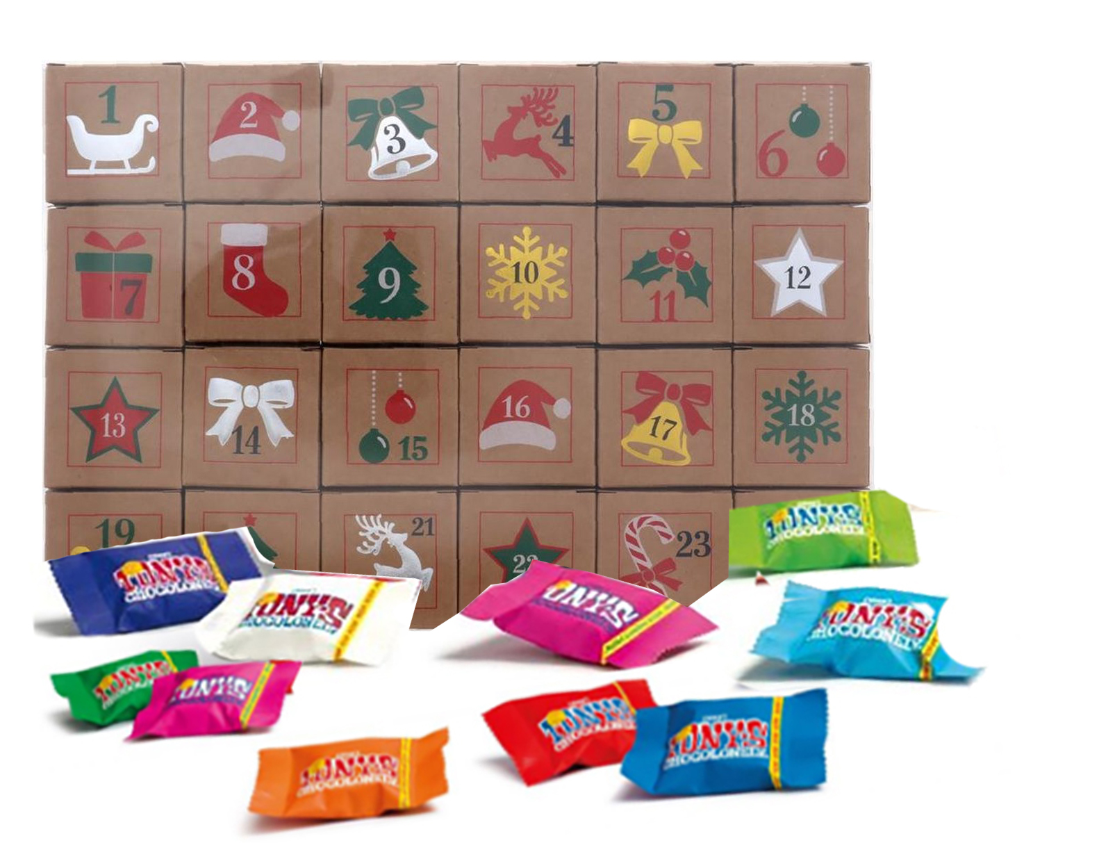 Advent kalender met heerlijke Tony chocolonely Tiny Tony chocolade, voor elk doosje 1 | Cadeau / Kerst