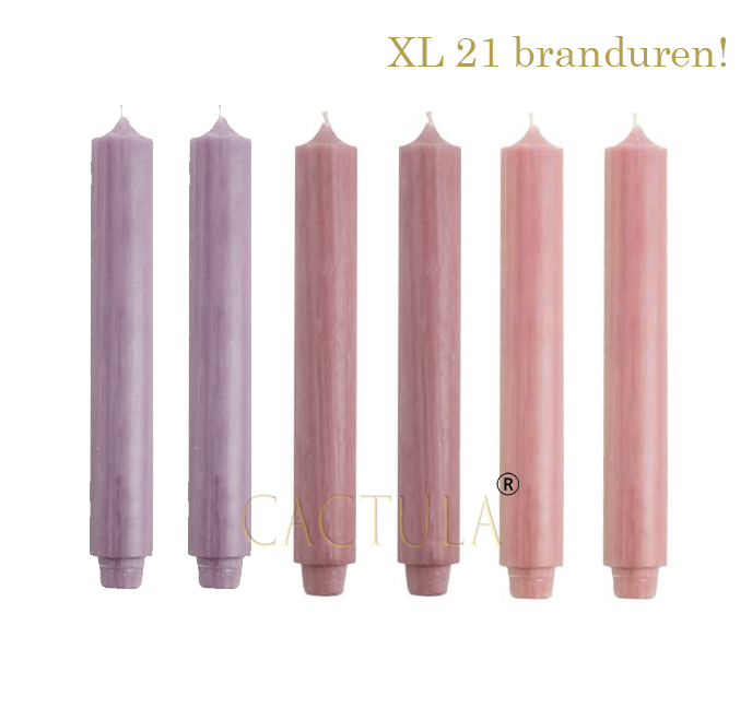 Cactula Dinerkaarsen XL 3,2 x 30 cm in 3 kleuren Bloem | Lavendel / Antiek Roze / Oudroze 21 BRANDUREN
