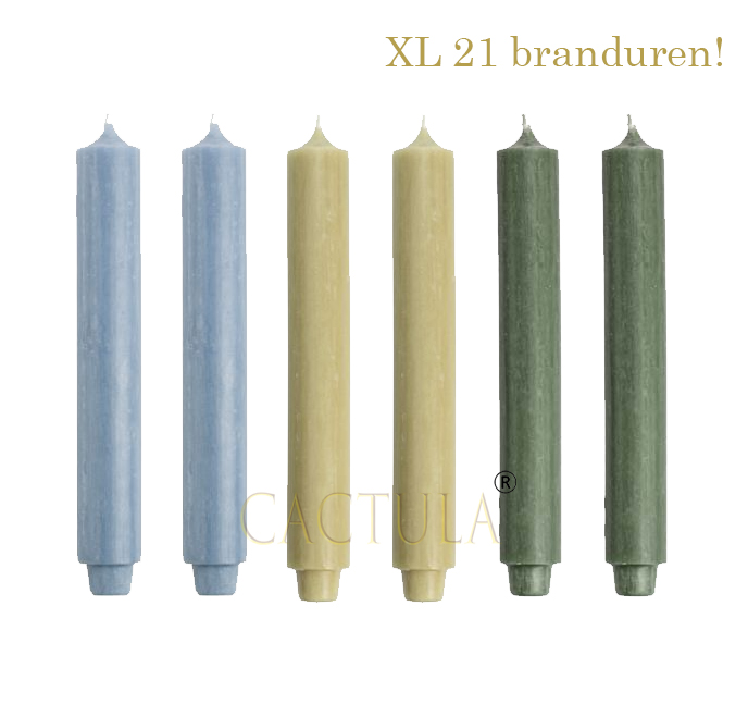 Cactula Dinerkaarsen XL 3,2 x 30 cm in 3 kleuren Wolk | Blauw / Olijf / Oliegroen 21 BRANDUREN