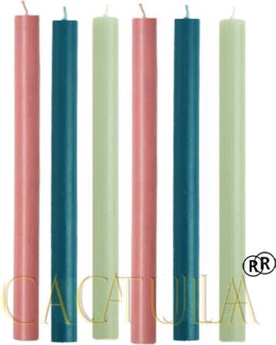 Cactula Dreamy lange dinerkaarsen 30 cm diameter 2,1 | 6 stuks | Oudroze | Petrol Blue | Groen
