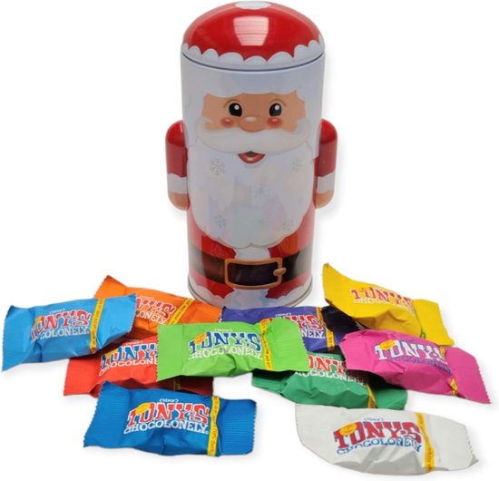 Blikken bewaar blik in de vorm van een kerstman gevuld met Tiny Tony Chocolade proeverijtje 10 stuks Alle smaken!