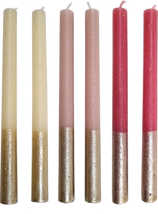  Cactula Feestelijke glitter Dip Dye kaarsen 6 stuks in ivoor goud en roze 2.5 x 25 cm