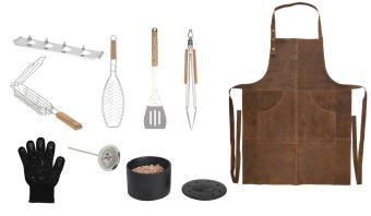 Esschert Design uitgebreide luxe barbecue gereedschap set - 9 delig - tang - handschoen - aardappel houder - groentehouder - lederen bbq schort - vishouder - thermometer - rookbox - Cadeau gift set - Vaderdag