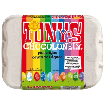 Tony Chocolonely paaseitjes mix in eierdoosje 150 gram 12 eitjes