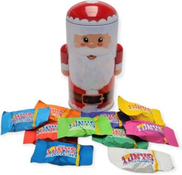 Blikken bewaar blik in de vorm van een kerstman gevuld met Tiny Tony Chocolade proeverijtje 10 stuks Alle smaken!
