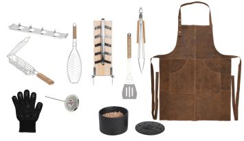 Esschert Design uitgebreide luxe barbecue set - bbq - zalmrookplank - aardappelhouder - tang - lederen schort - handschoen - vishouder tang - groentehouder - thermometer - rookbox - spatel - 10-delig Cadeau - Gift set - Vaderdag