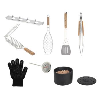 Esschert Design luxe uitgebreide barbecue bbq gereedschappen set 8 delig - vishouder -handschoen - aardappelhouder - tang - spatel - thermometer - rookbox - gift set - cadeau set - Vaderdag