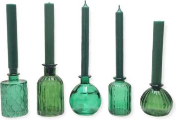 Cactula set van 5 glazen decoratieve vaasjes flesjes kandelaren in diverse groen tinten met bijpassende groene kaarsen