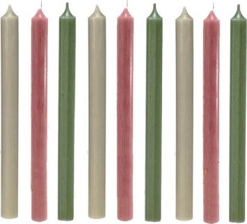 Cactula gekleurde lange dinerkaarsen 28 cm 9 stuks | Droogbloemen | Taupe / Roze / Olijfgroen