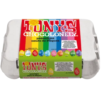 Tony Chocolonely paaseitjes mix in eierdoosje 150 gram 12 eitjes